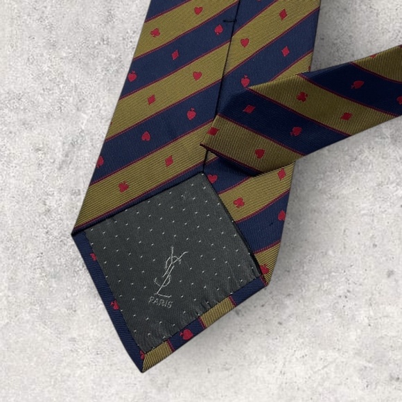YVES SAINT LAURENT Navy/Gold Striped Card Game Colors Silk LUXURY Tie ITALY - Picture 4 of 5